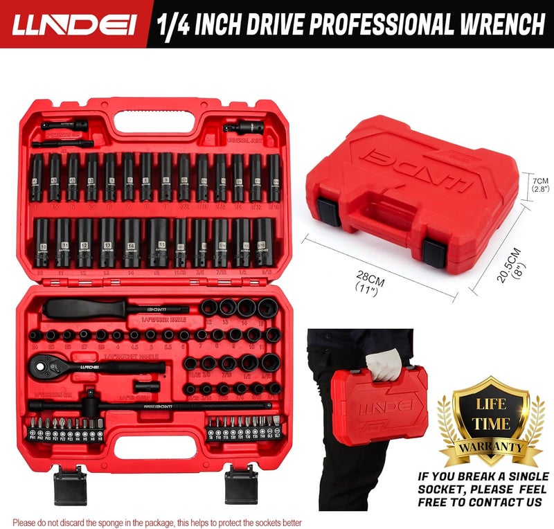 LLNDEI 1/4 inch Drive Impact Socket Set 83 Piece,Standard SAE(5/32-9/16 inch) Metric Size(4-15mm),72T Ratchet Wrench Handle,CR-V Mechanics Tool Set with Adapter,Screwdriver Bits for Automotive Repair - Image 4